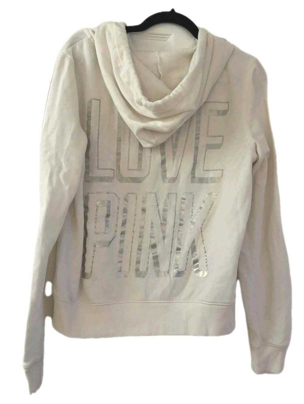 Victoria's Secret PINK White Fuzzy Hoodie Zip-up Women’s Size L Bling Dog